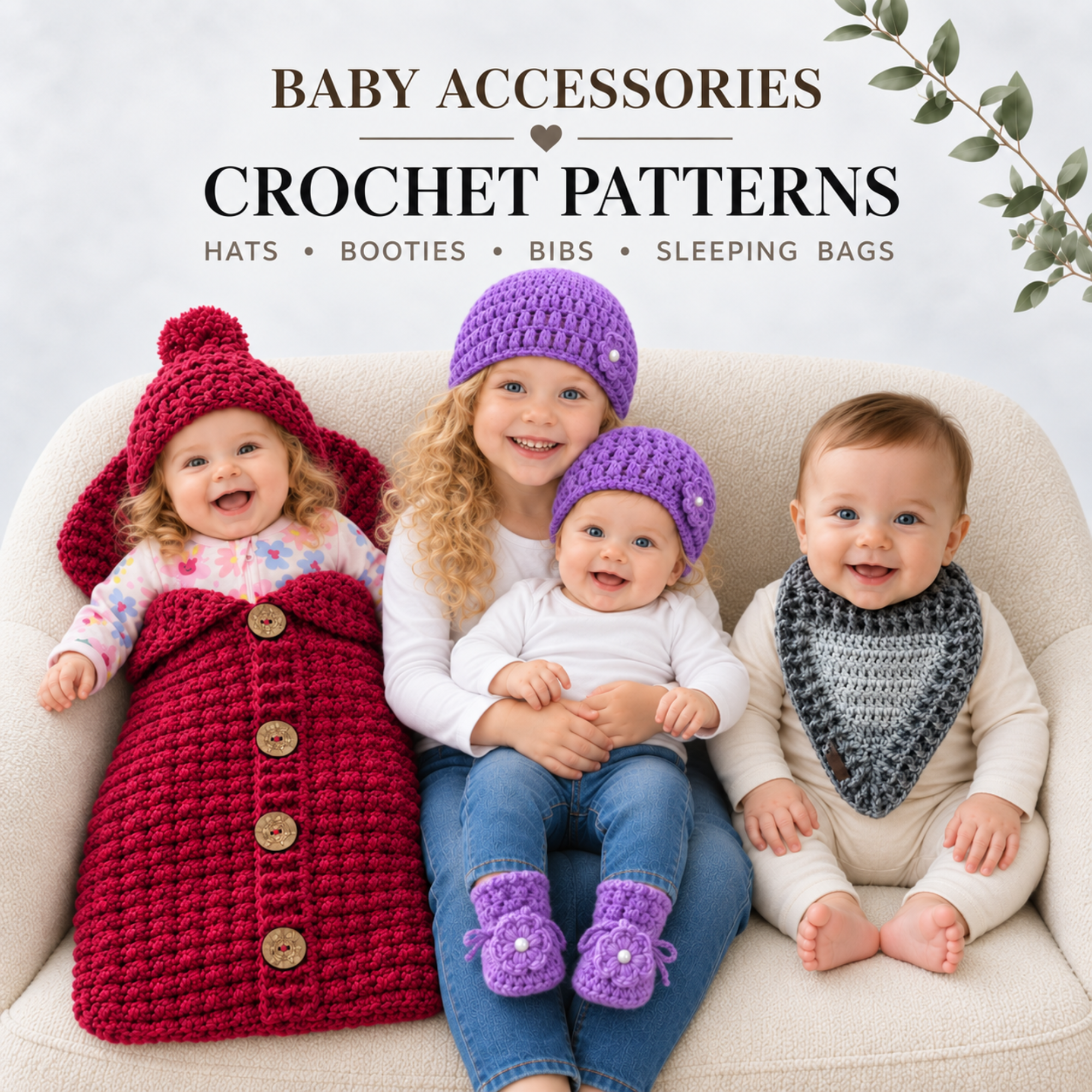 Baby Accessories crochet pattern collection featuring hats, flower booties, a bib and a hooded sleeping bag.