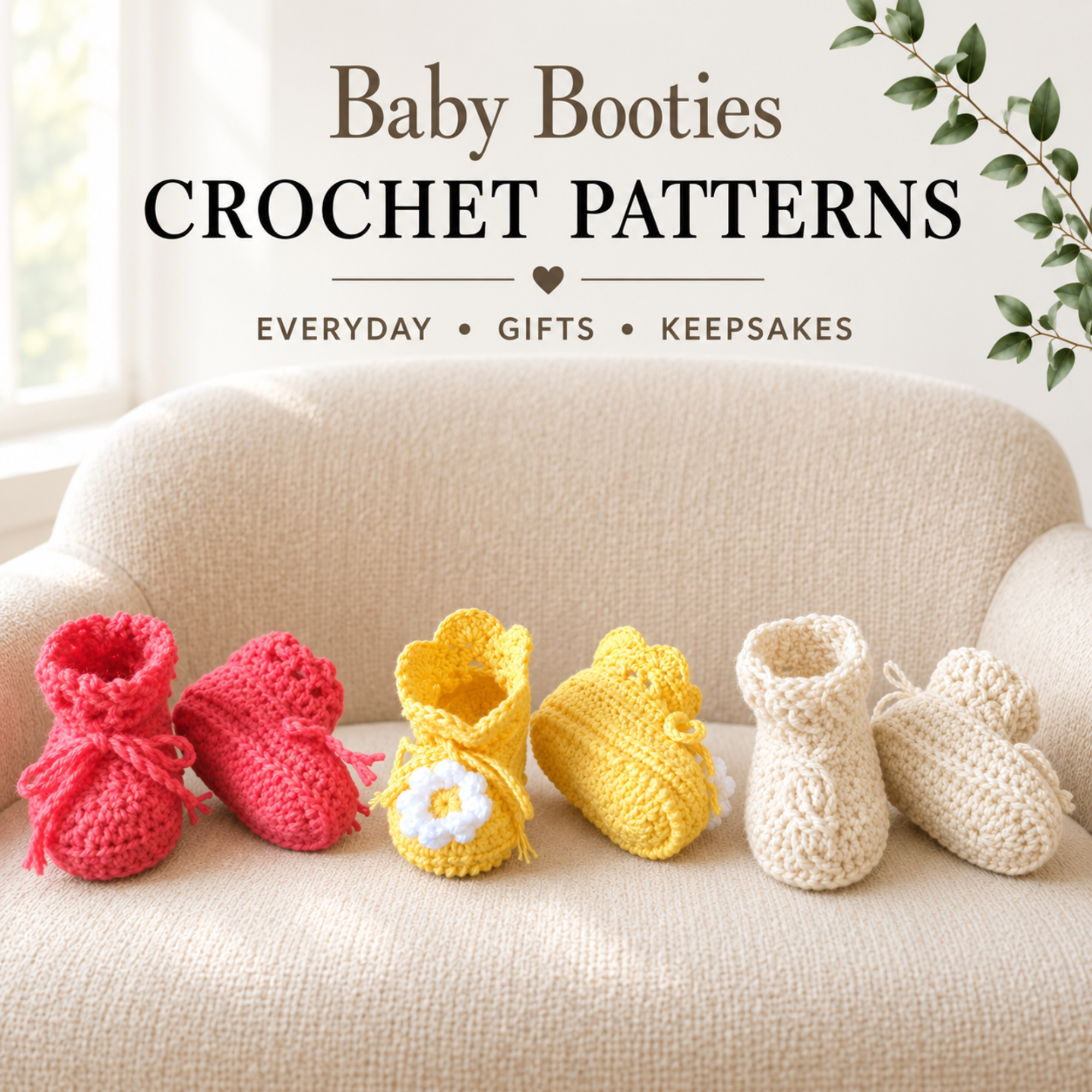 Coral, yellow daisy and cream cabled baby booties displayed on a chair for digital crochet patterns.