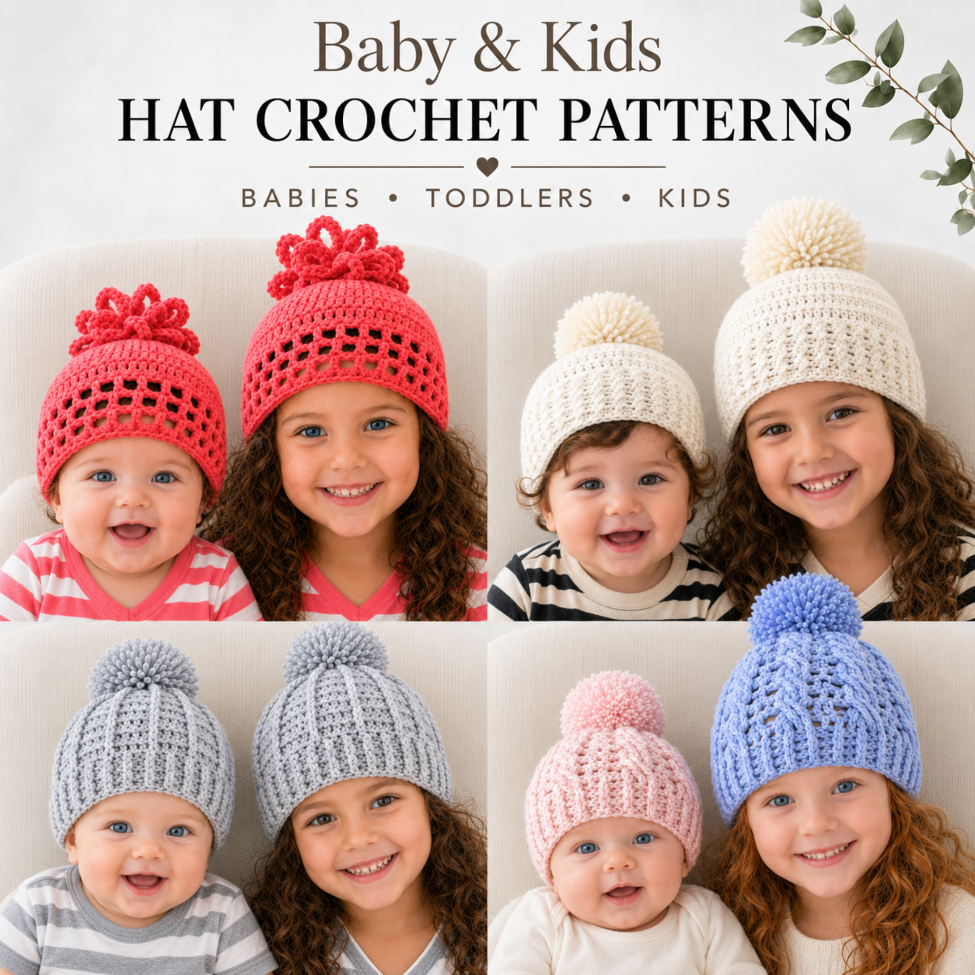 Babies and older children wearing four crochet hat styles with cables and pom-poms for digital patterns.