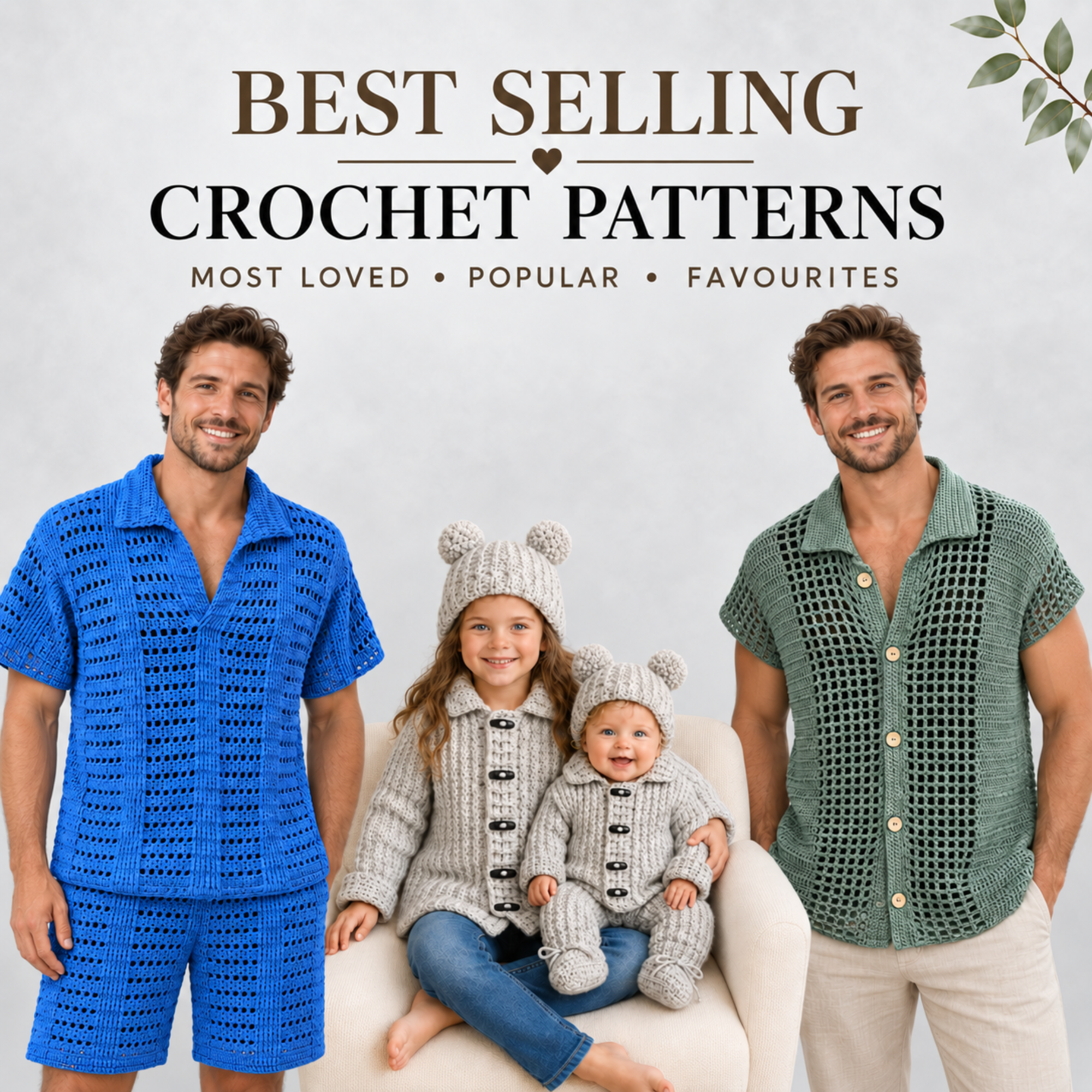 Best-selling crochet patterns featuring the blue Ocean set, silver Theo outfits and green Colt shirt.