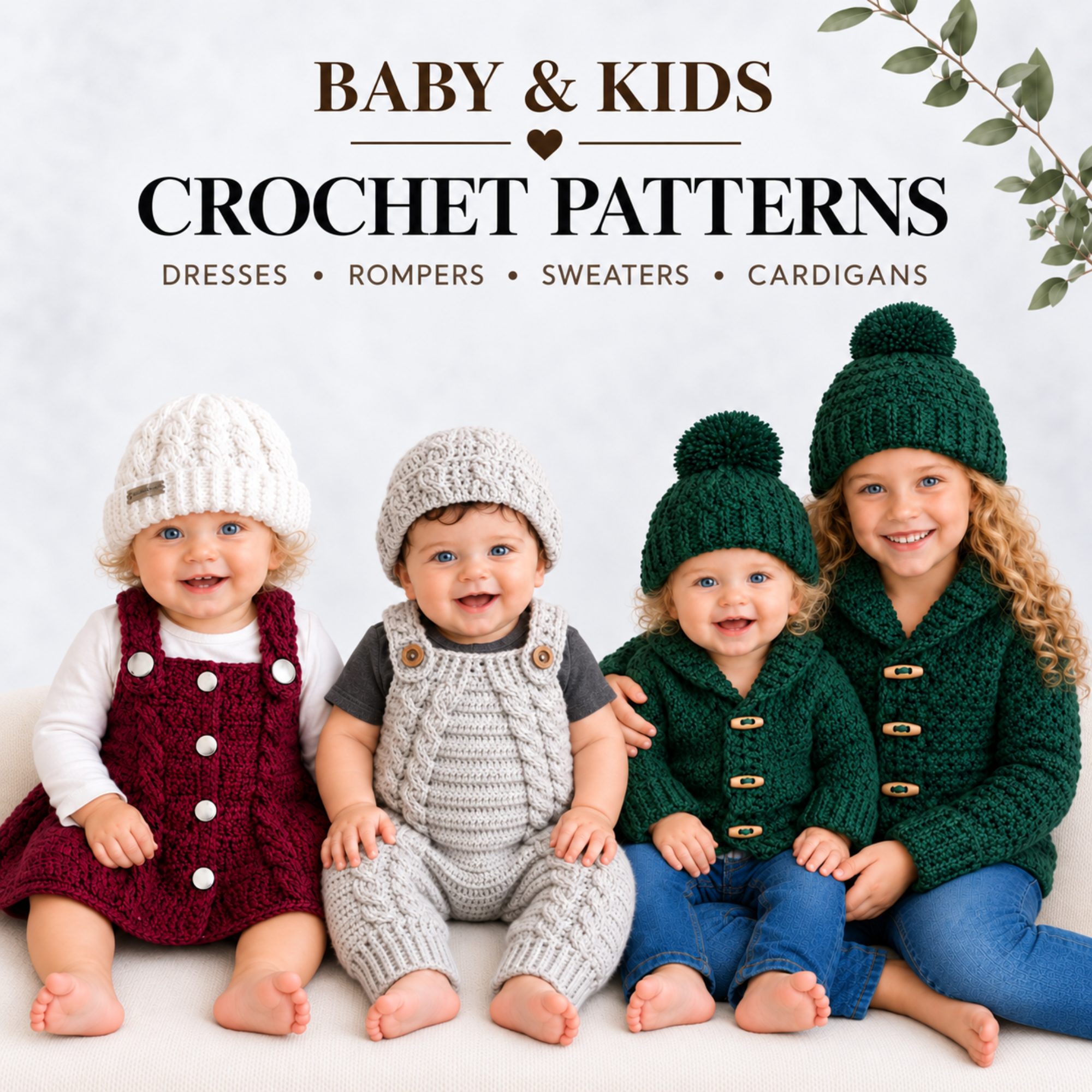 Baby and Kids crochet pattern collection featuring dresses, rompers, sweaters and cardigans for babies and children.