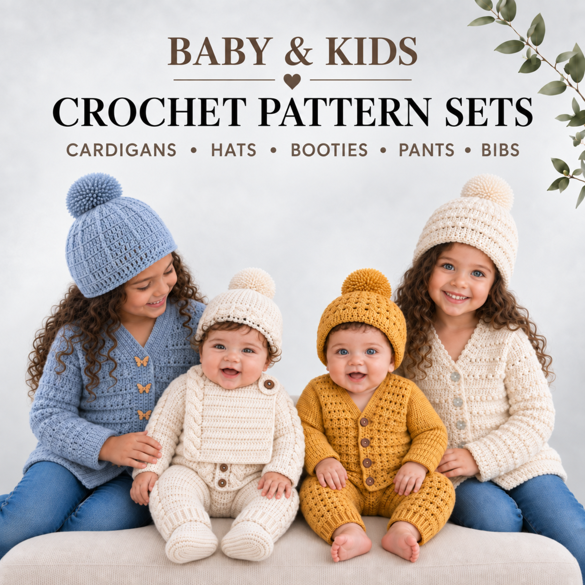 Digital crochet pattern collection featuring baby and kids cardigans, hats, pants, booties and bibs.