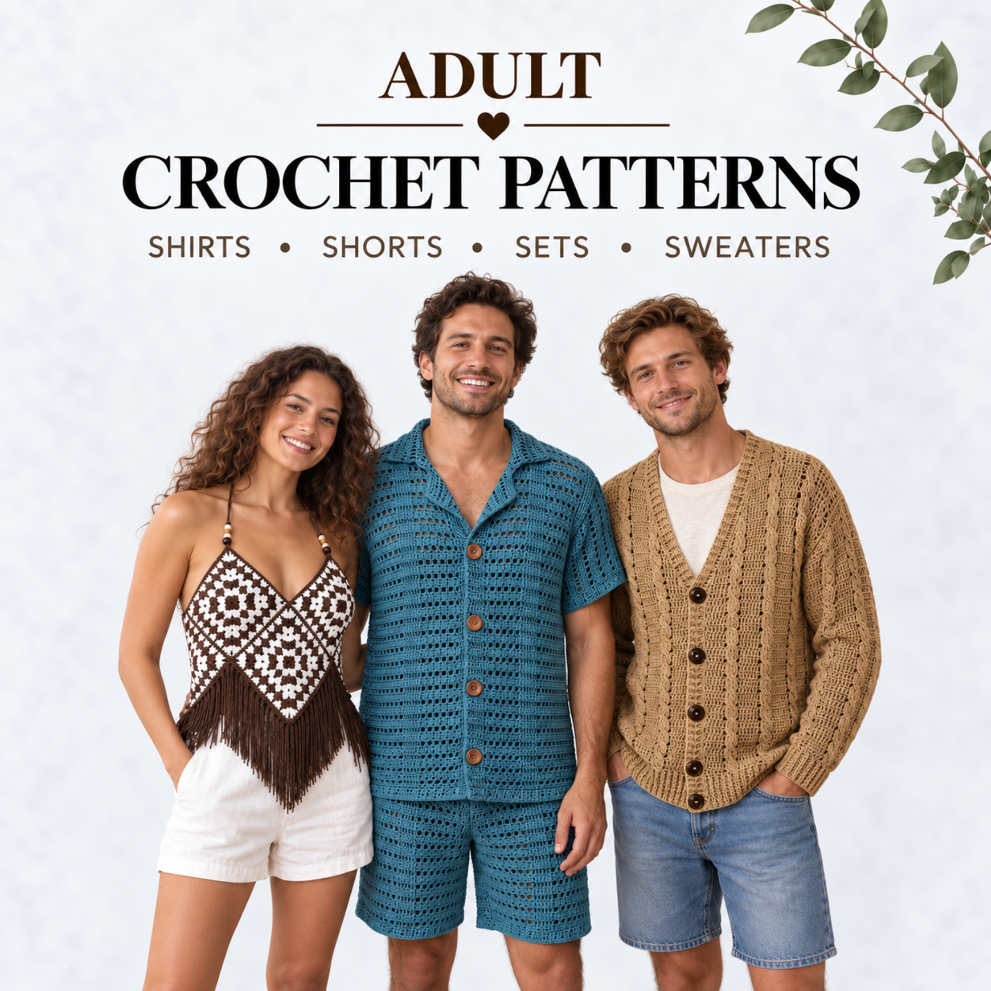 Three adults wearing crochet tops, shorts and cardigan for a digital crochet pattern collection.