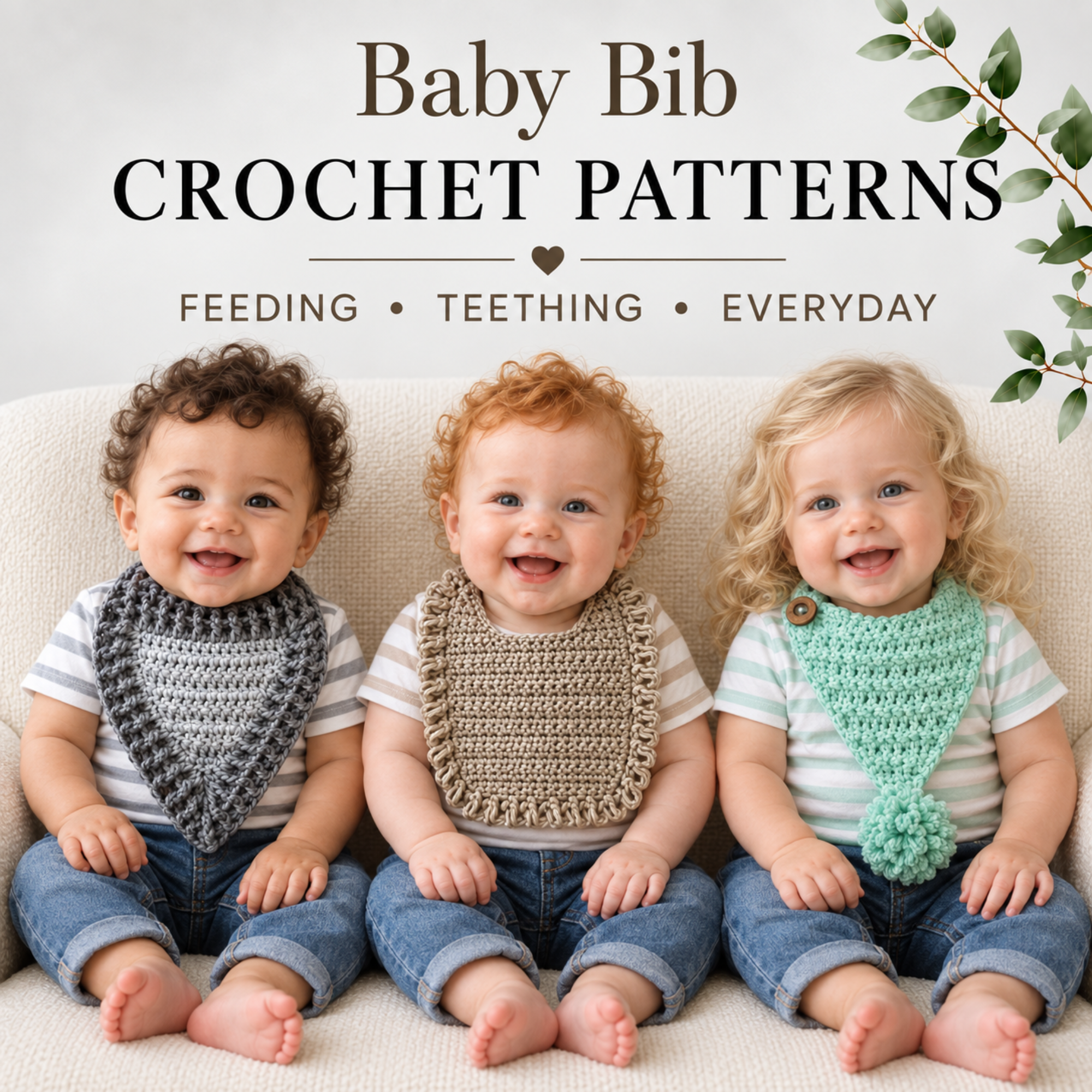 Three babies wearing grey, taupe and mint crochet bibs with jeans for a digital crochet pattern collection.