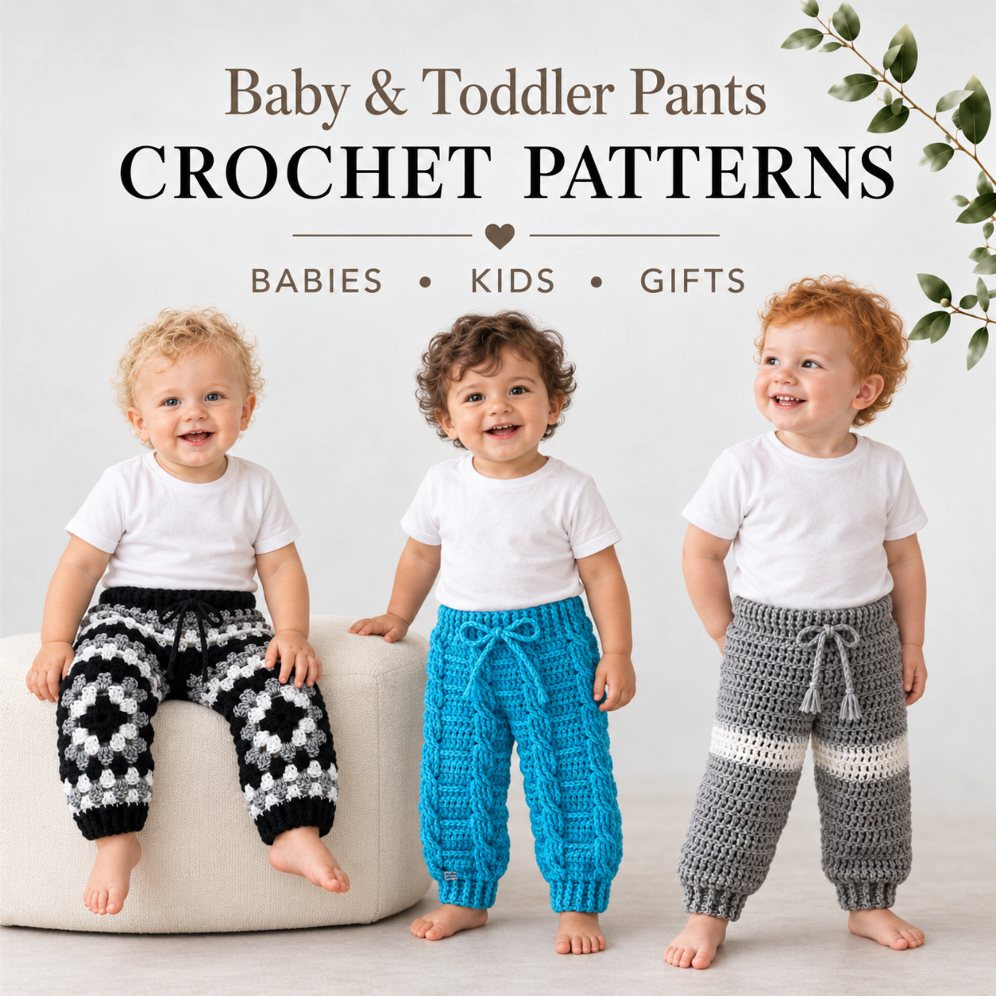 Three curly-haired boys model granny square, cabled and striped crochet pants for digital patterns.