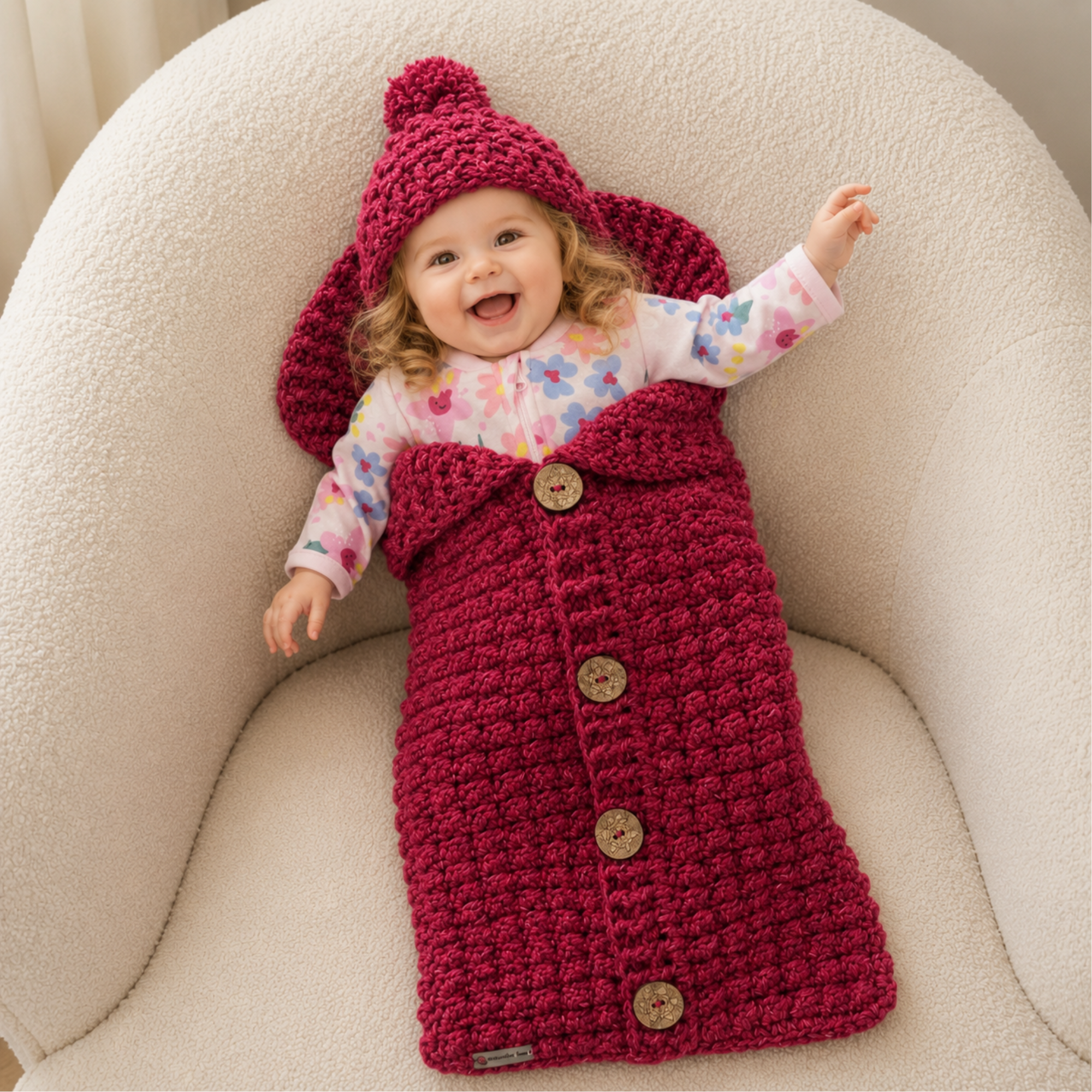Baby in the Berri dark red chunky crochet shawl-collar sleep sack and matching hat for a digital pattern PDF.