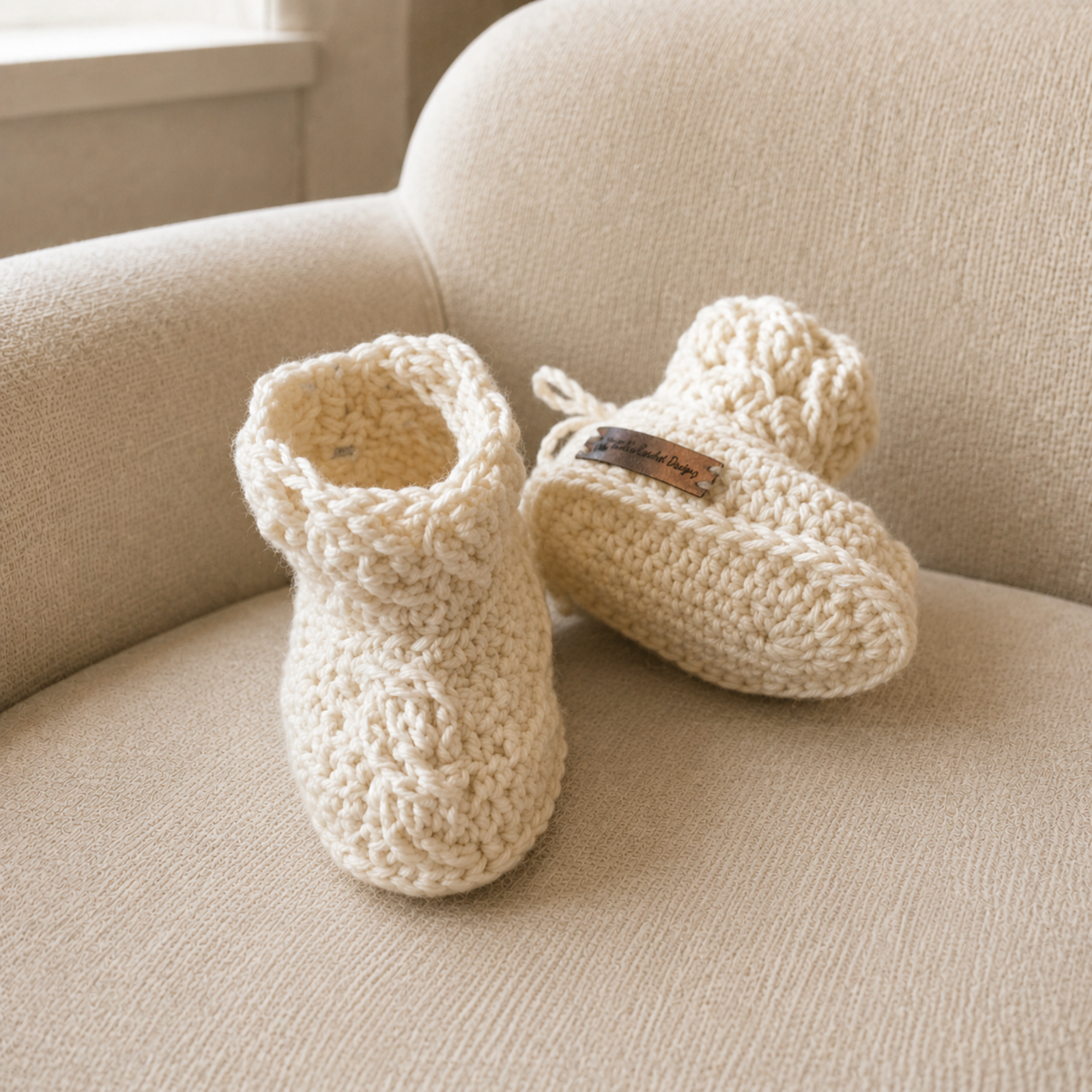 Cream Caleb cabled crochet baby booties on a cream chair, one standing and one lying down. Digital pattern PDF, Preemie–12M.