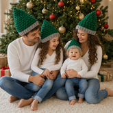Family wearing matching green and gray Chrissy Christmas tree crochet hats, sized Preemie to Adult. Digital PDF pattern.