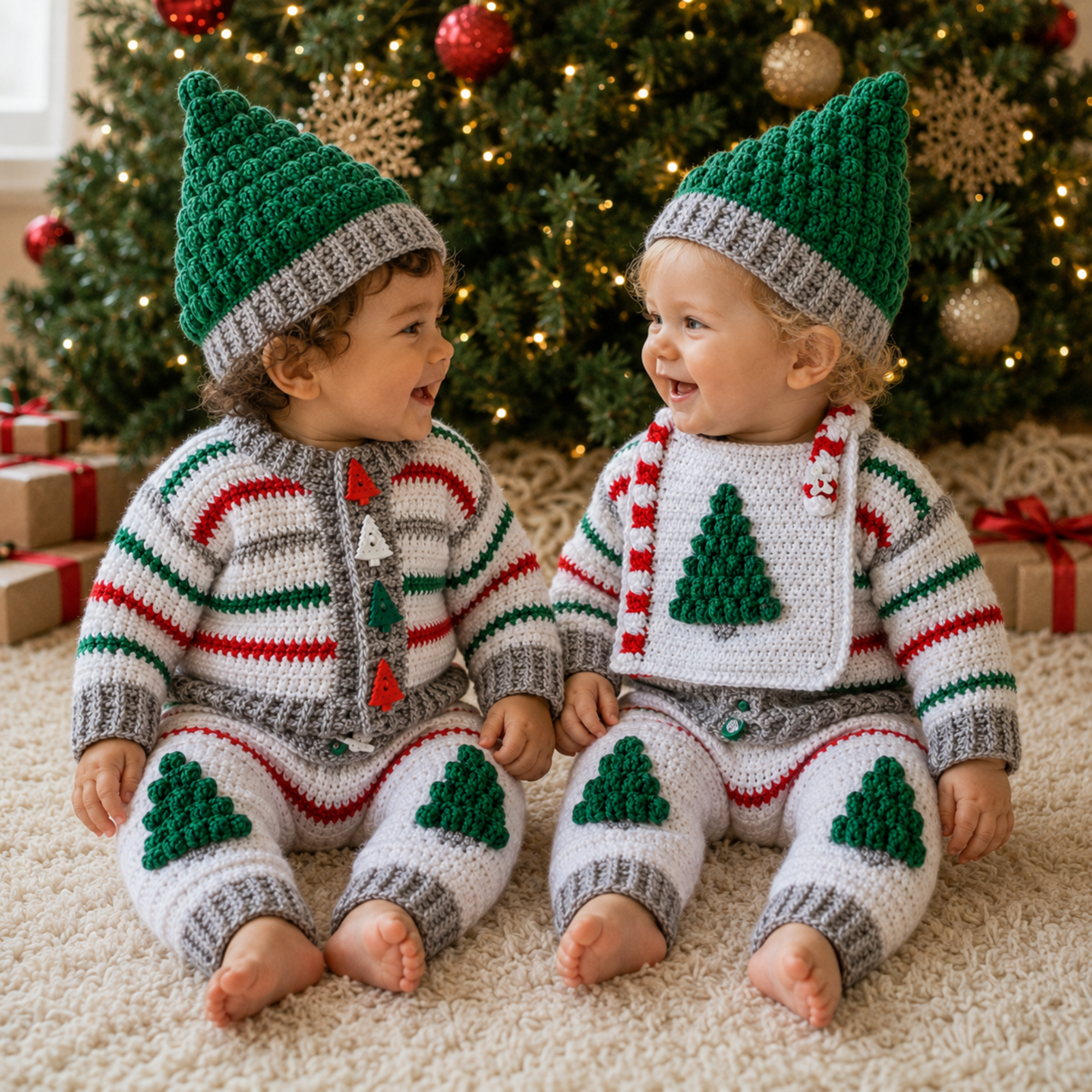 Two babies wearing white, red, grey and green matching Christmas crochet cardigan, Christmas tree hat, baby pants and bib. Digital pattern