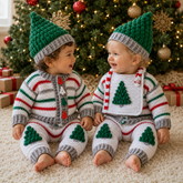 Two babies wearing white, red, grey and green matching Christmas crochet cardigan, Christmas tree hat, baby pants and bib. Digital pattern