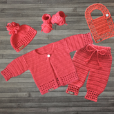 Coral Crochet Pattern Collection – Cardigan, Hat, Pants (0-2Y), Booties & Bib – PDF in English
