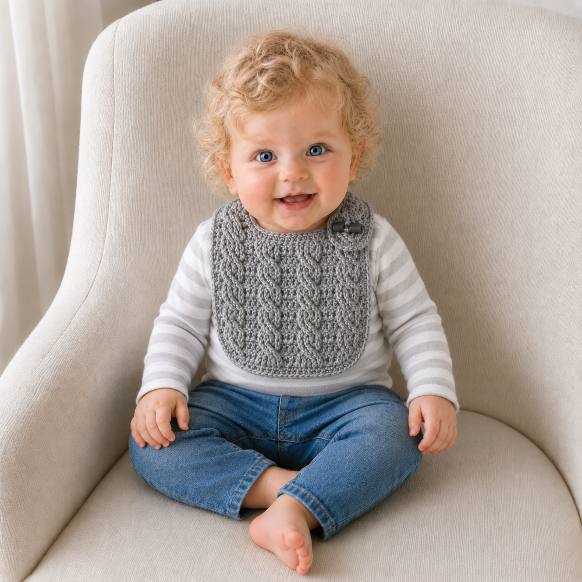 Baby in a T-shirt and jeans wears a silver Ethan cabled crochet bib on a cream chair. Digital pattern PDF.