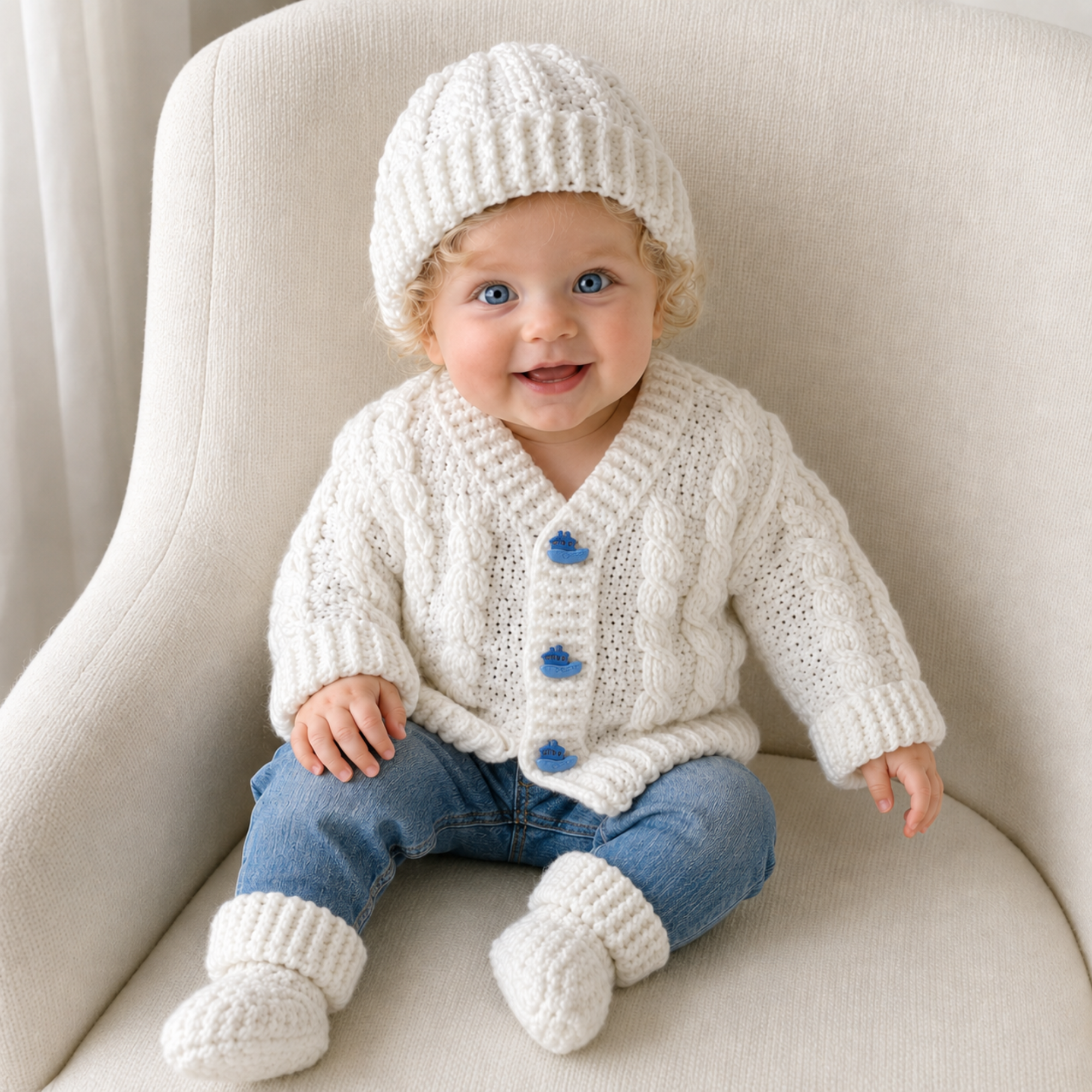 Baby in blue jeans on a cream chair wears white Ethan crochet cardigan, hat and booties. Digital pattern PDF set, 0–2Y.