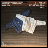 Blue and white Ethan cabled V-neck crochet cardigans flat lay on wood. Digital pattern PDF details, sizes 3 to 10 Years.