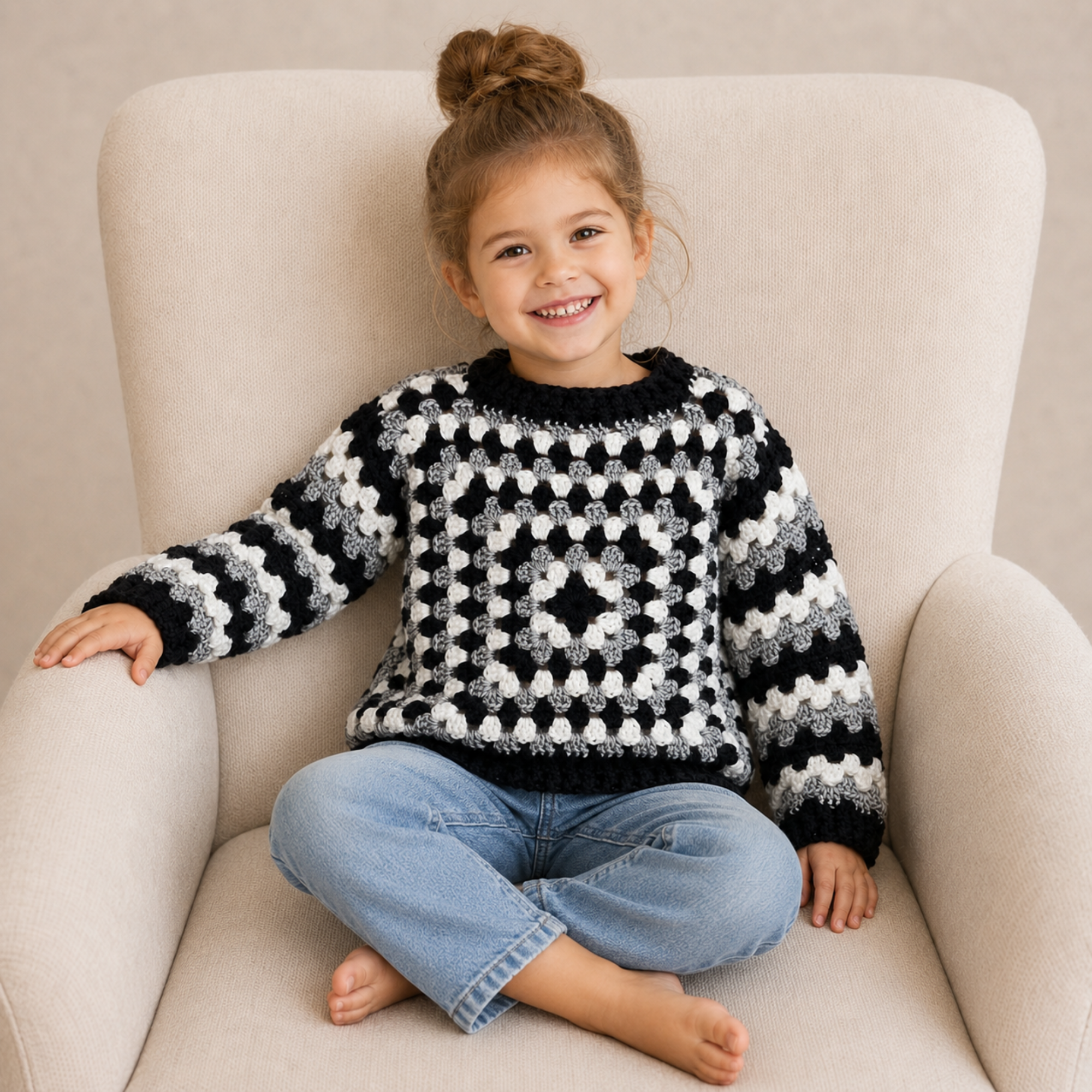 Young girl wearing a black-and-white granny-square crochet sweater and jeans on a cream chair for a 0–12Y digital pattern PDF.