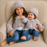 Older girl and baby in white T-shirts and blue jeans wear silver Harriet crochet cardigans and hats. Digital pattern PDF, NB–10Y.
