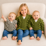 Hunter olive, green and taupe chunky crochet V-neck pullovers and vest on a child and two babies for a digital pattern PDF.