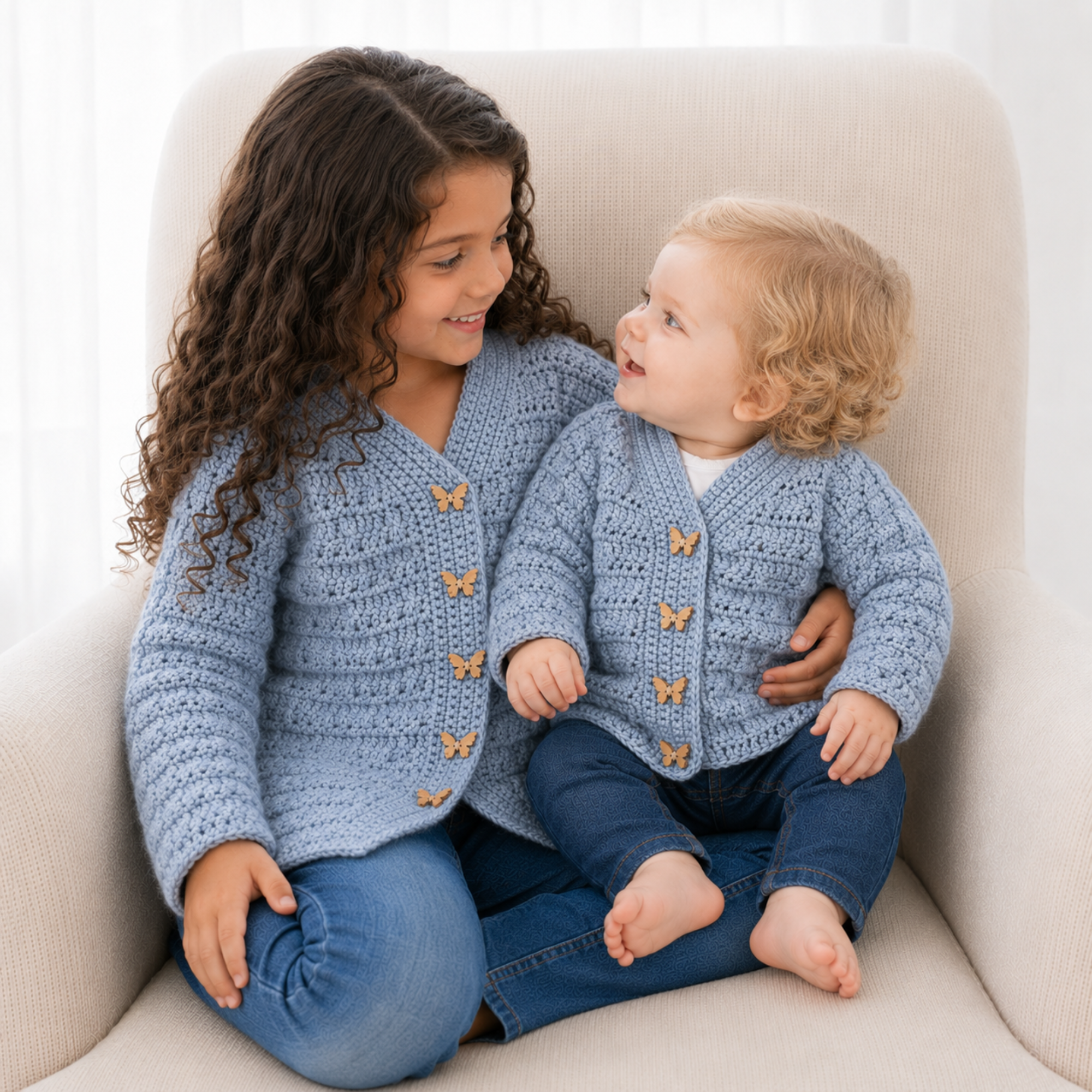 Older girl and baby in jeans wear Kasey crochet cardigans on a cream chair. Digital pattern PDF, sizes Newborn to 10 Years.
