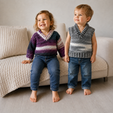 Girl in maroon variegated Rebel crochet sweater sits on cream chair; boy stands in gray Rebel vest. Digital pattern PDF.