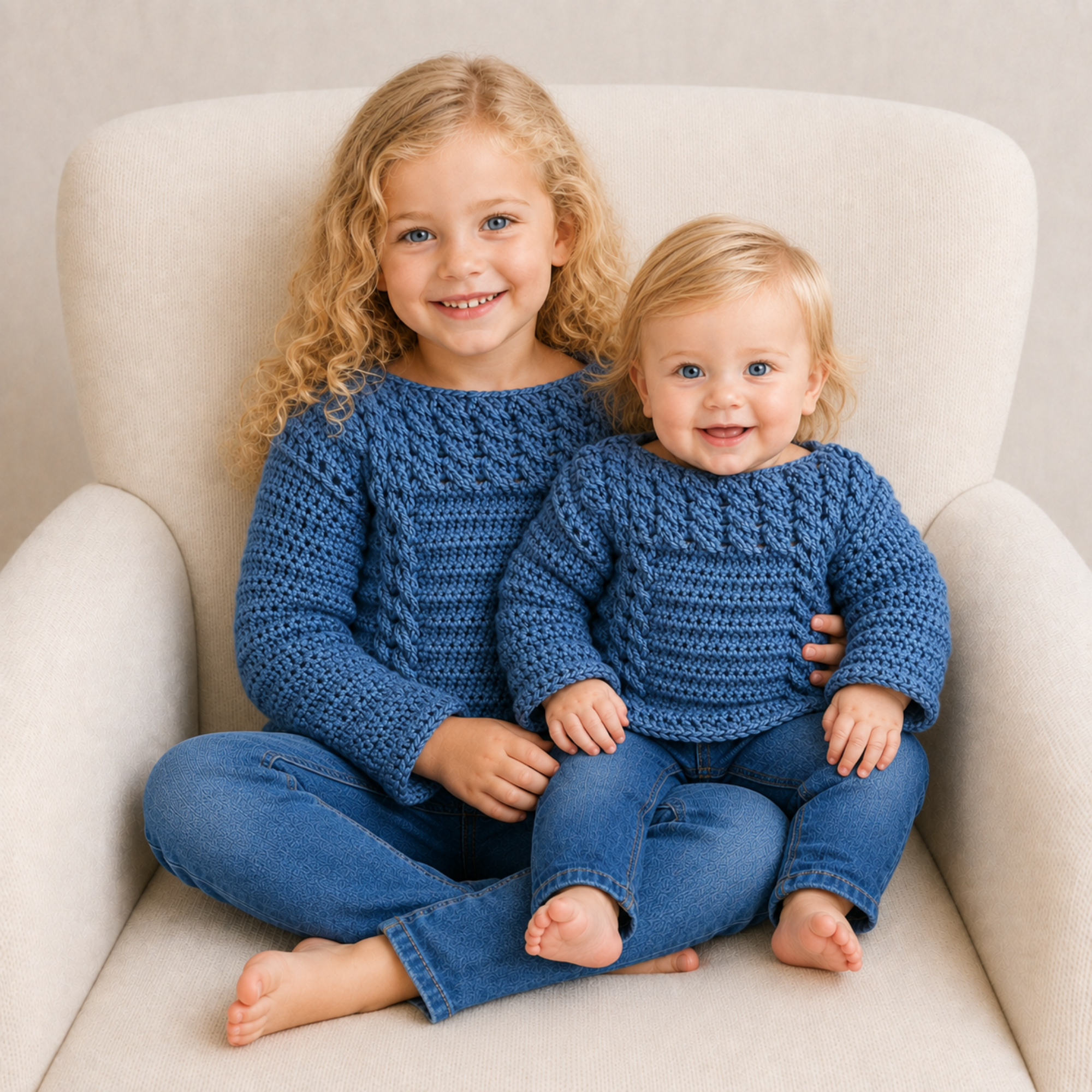 River blue cabled crochet sweaters worn by a child and baby on a cream chair for a 0–3M-to-12Y digital pattern PDF.