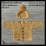 Sam Cardigan & Hat Crochet Pattern (0-3M–10 Years) English Only