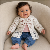 Baby in a pink T-shirt and blue jeans wears a white Summer crochet cardigan on a cream chair. Digital pattern PDF, 0–3M.