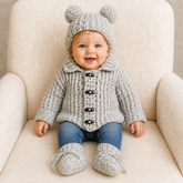 Crochet Baby Set Pattern PDF – Theo Collared Cardigan, Hat & Booties (NB–10Y)