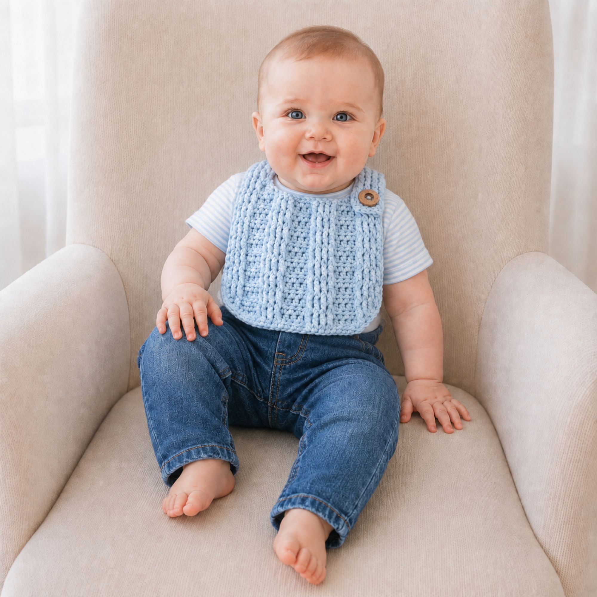 Baby in a white T-shirt and blue jeans wears a blue Zeb crochet bib on a cream chair. Digital pattern PDF.