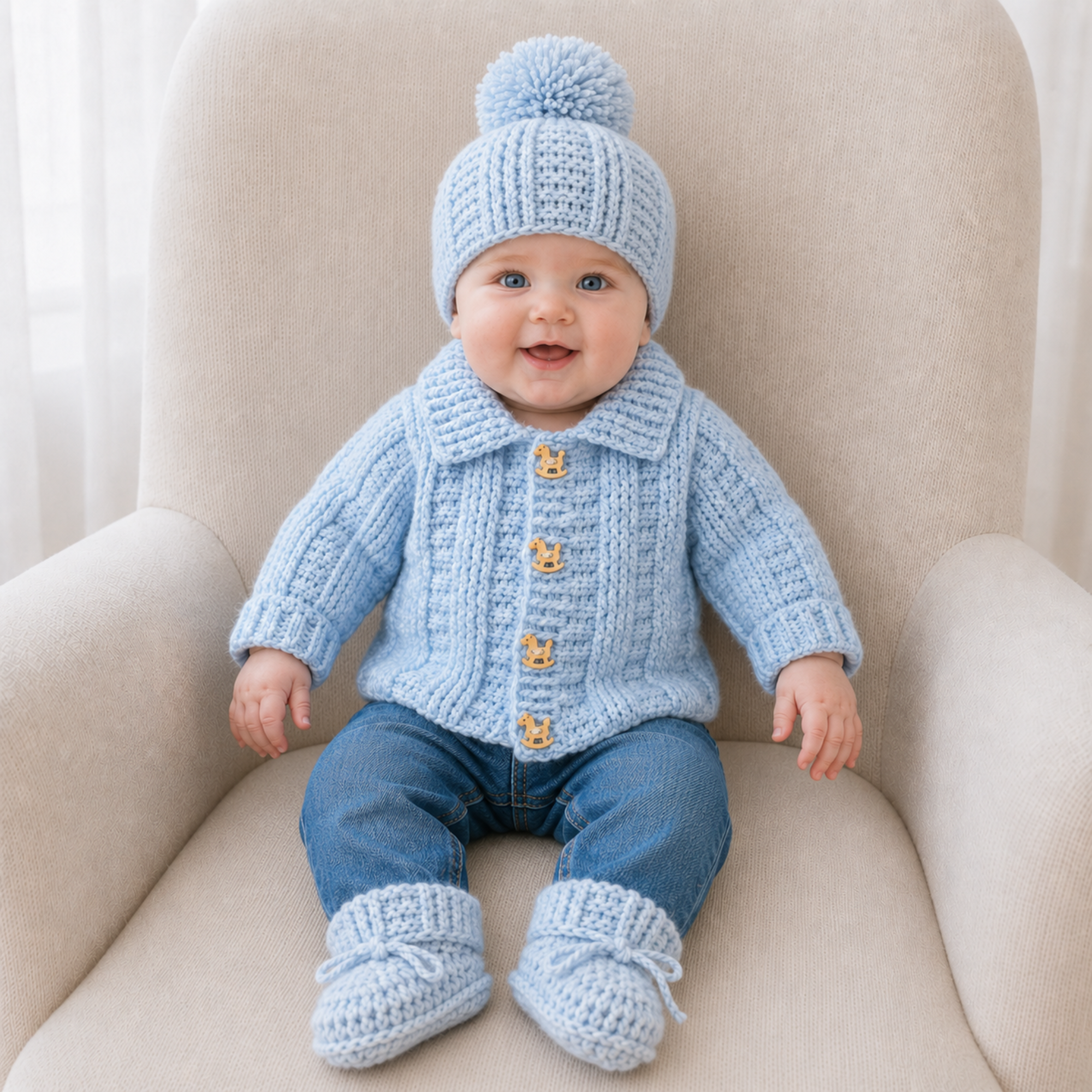 Baby in jeans on a cream chair wears a blue Zeb crochet sweater, hat and booties. Digital pattern PDF set, sizes 0–2Y.