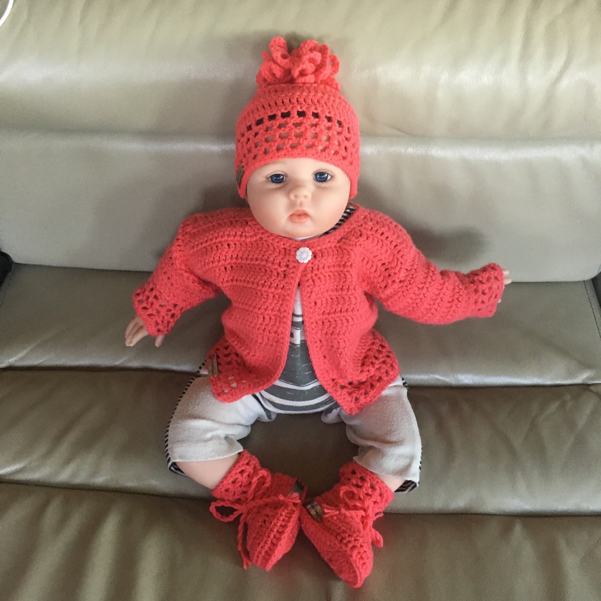 Coral Crochet Baby Sweater Hat Booties Crochet Pattern  on baby