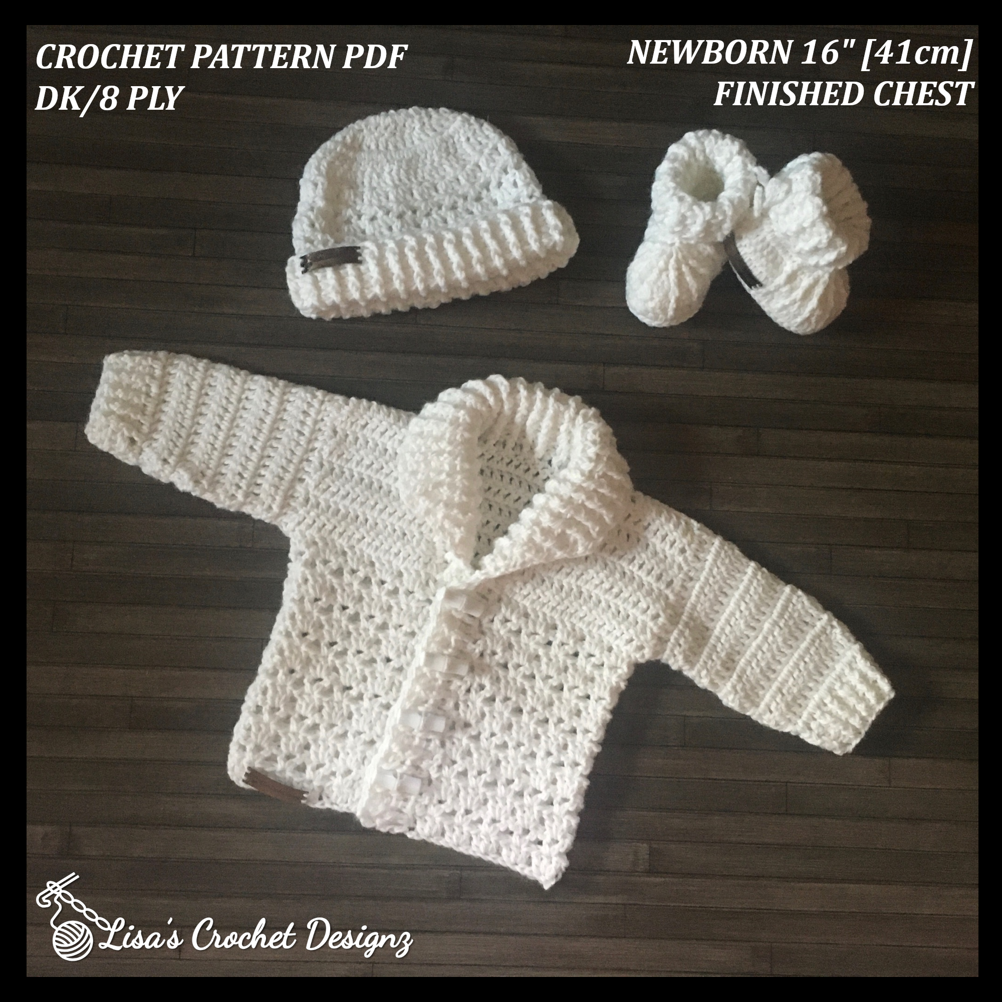 White Corbin shawl-collar crochet cardigan, hat and booties flat lay on wood, showing digital pattern PDF details.