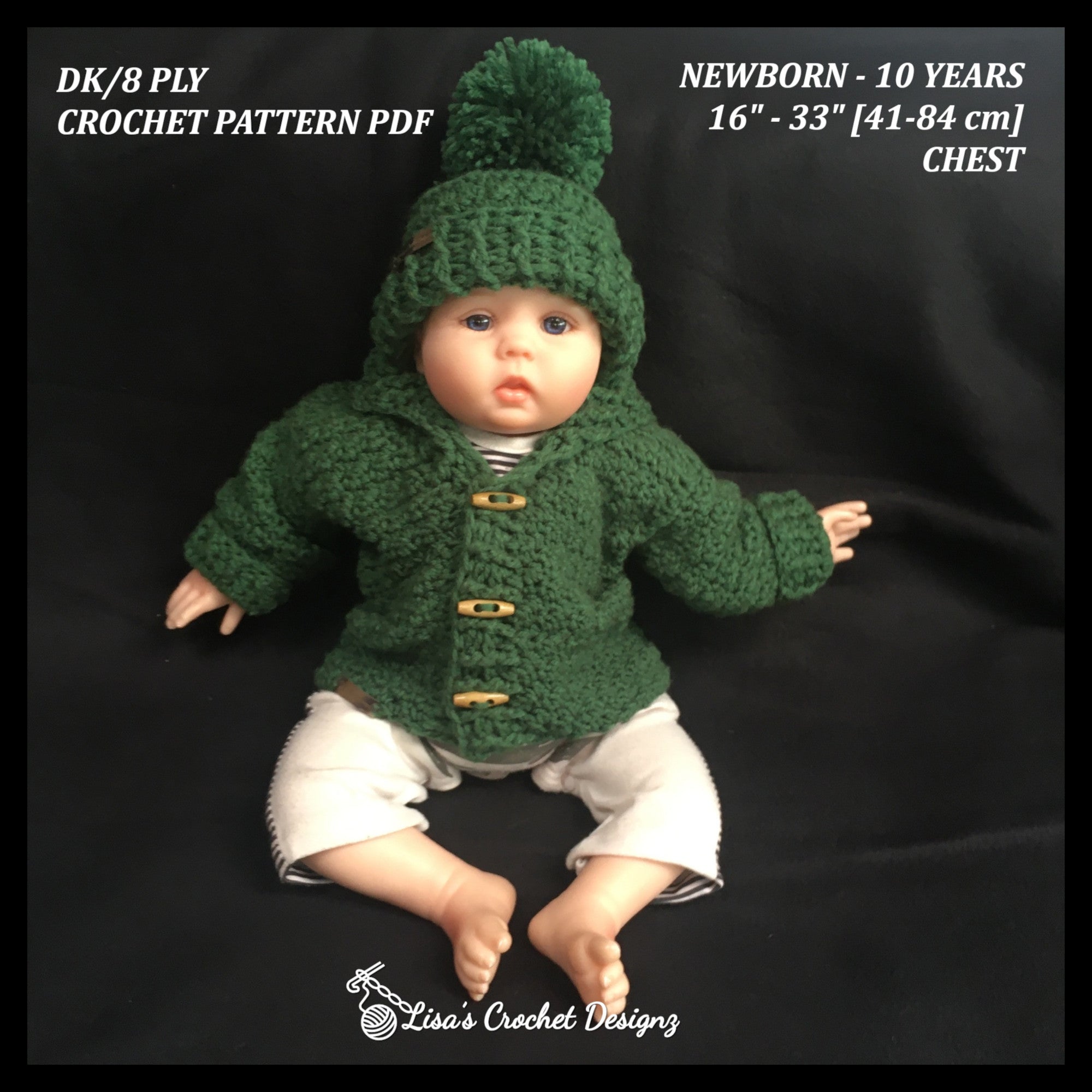 Rocky crochet sweater and hat on baby describing pattern sizes newborn to 10 years