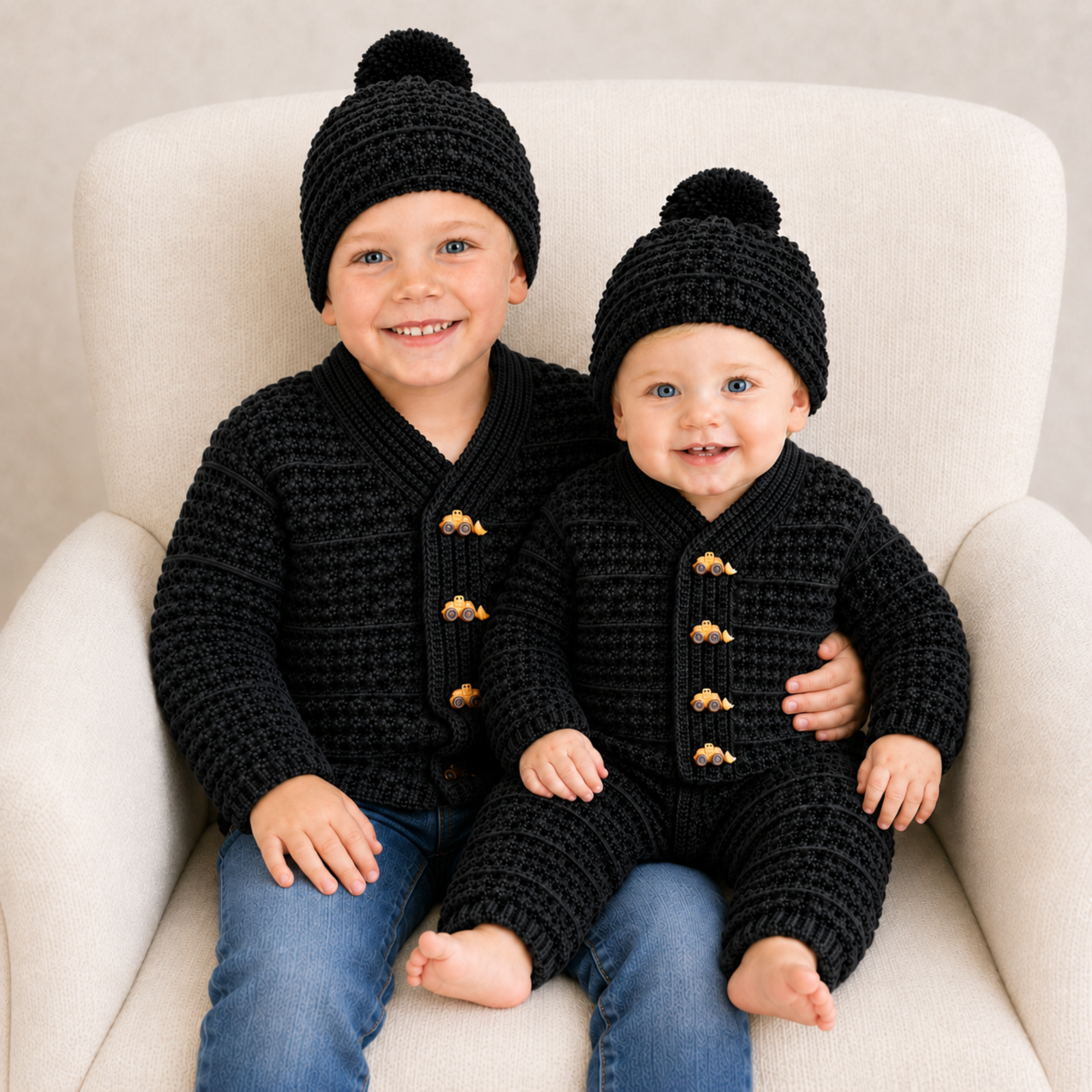 Baby and toddler on a cream chair in black Aaron crochet cardigans with buttons and pom-pom hats. Digital pattern PDF set.