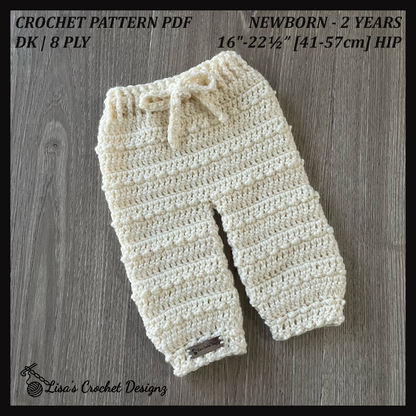 ashley crochet baby pants pattern details 16 to 22.5 inches