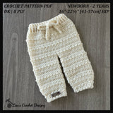 Ashley crochet baby pants showing digital pattern PDF details, sizes Newborn to 2 Years