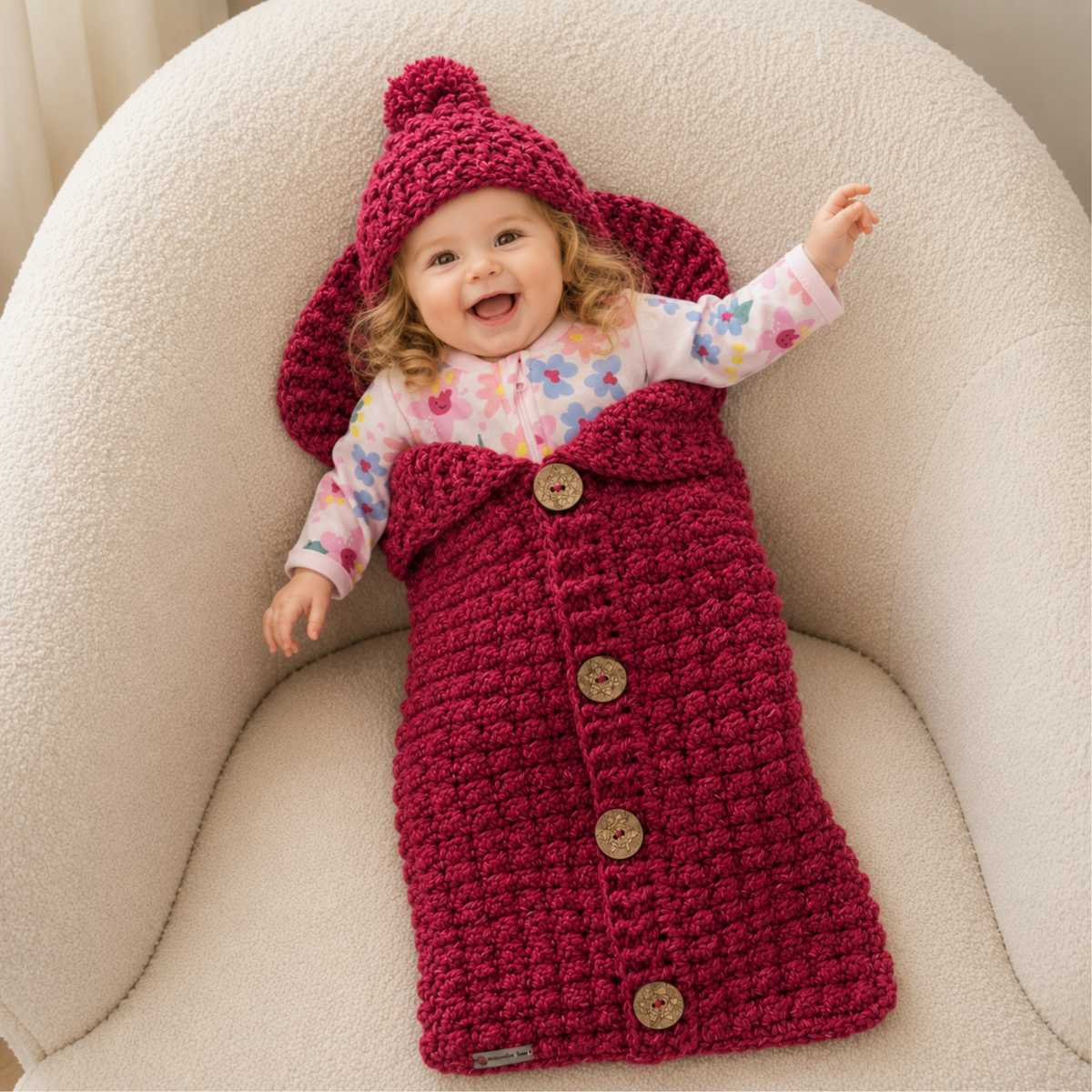 Baby in the Berri dark red chunky crochet shawl-collar sleep sack and matching hat for a digital pattern PDF.