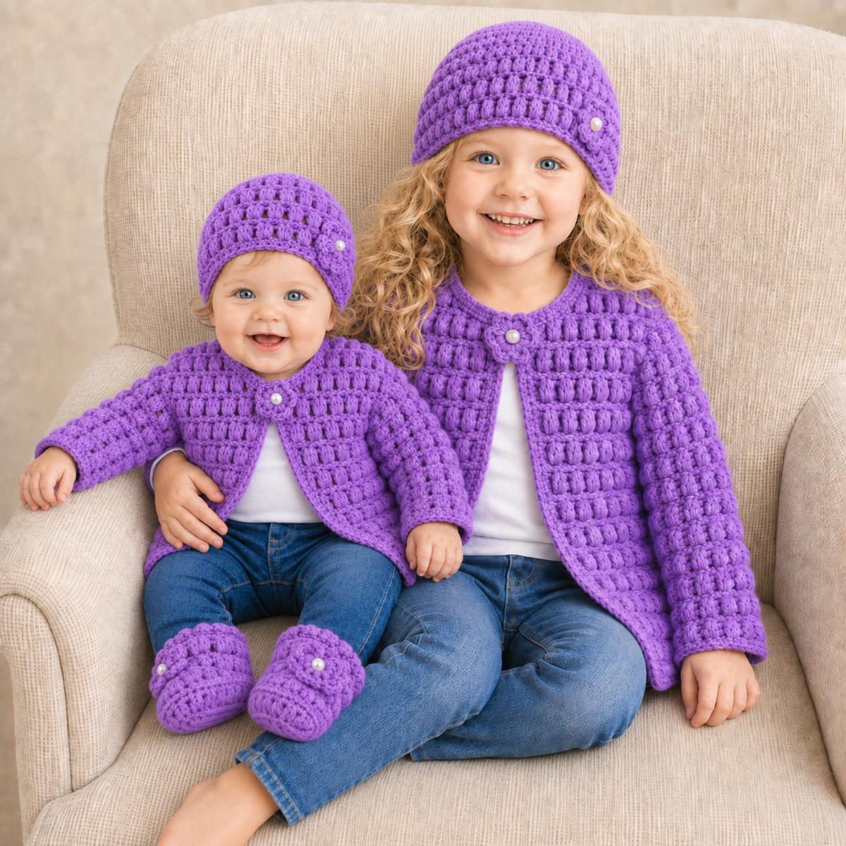 Older girl and baby in jeans wear purple Beth puff-stitch crochet sets on cream chair; baby wears booties. Digital pattern PDF.