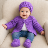 Crochet Baby & Kids Set Pattern PDF – Beth Puff Stitch Cardigan, Hat & Booties (NB–10Y)