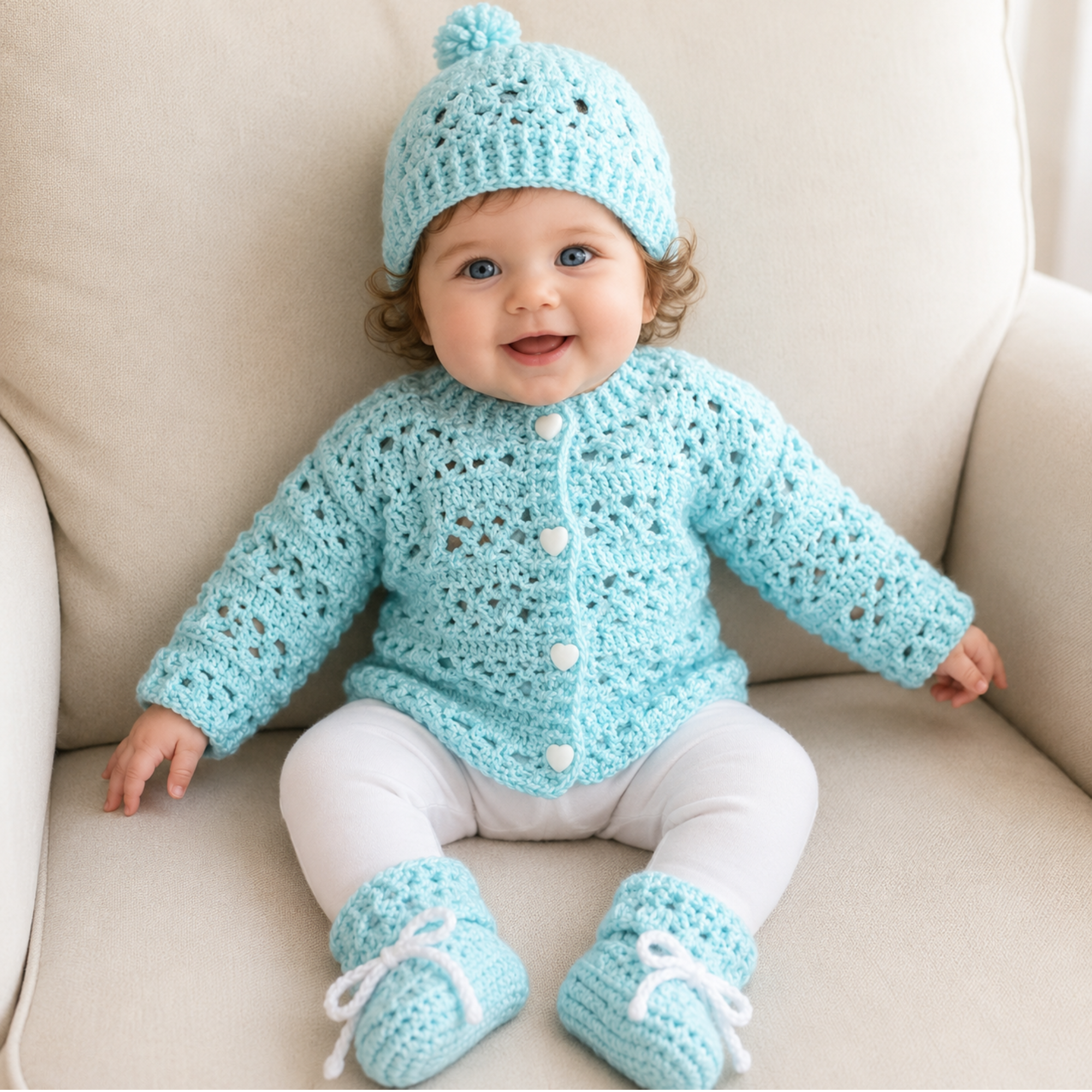 Baby in white leggings on a cream chair wears the Bonnie crochet cardigan, hat and booties. Digital pattern PDF set, 0–3M.