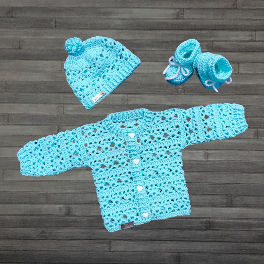 Crochet Pattern Bonnie Baby Cardigan Hat Booties Set 0-3 Months