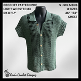 Green Colt crochet mesh-panel shirt on black mannequin, silver background. Digital pattern PDF details, sizes S to 5XL