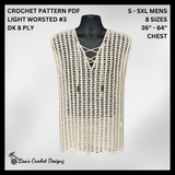 Cade crochet mesh tank top on a black mannequin against silver. Digital pattern PDF details, sizes S to 5XL