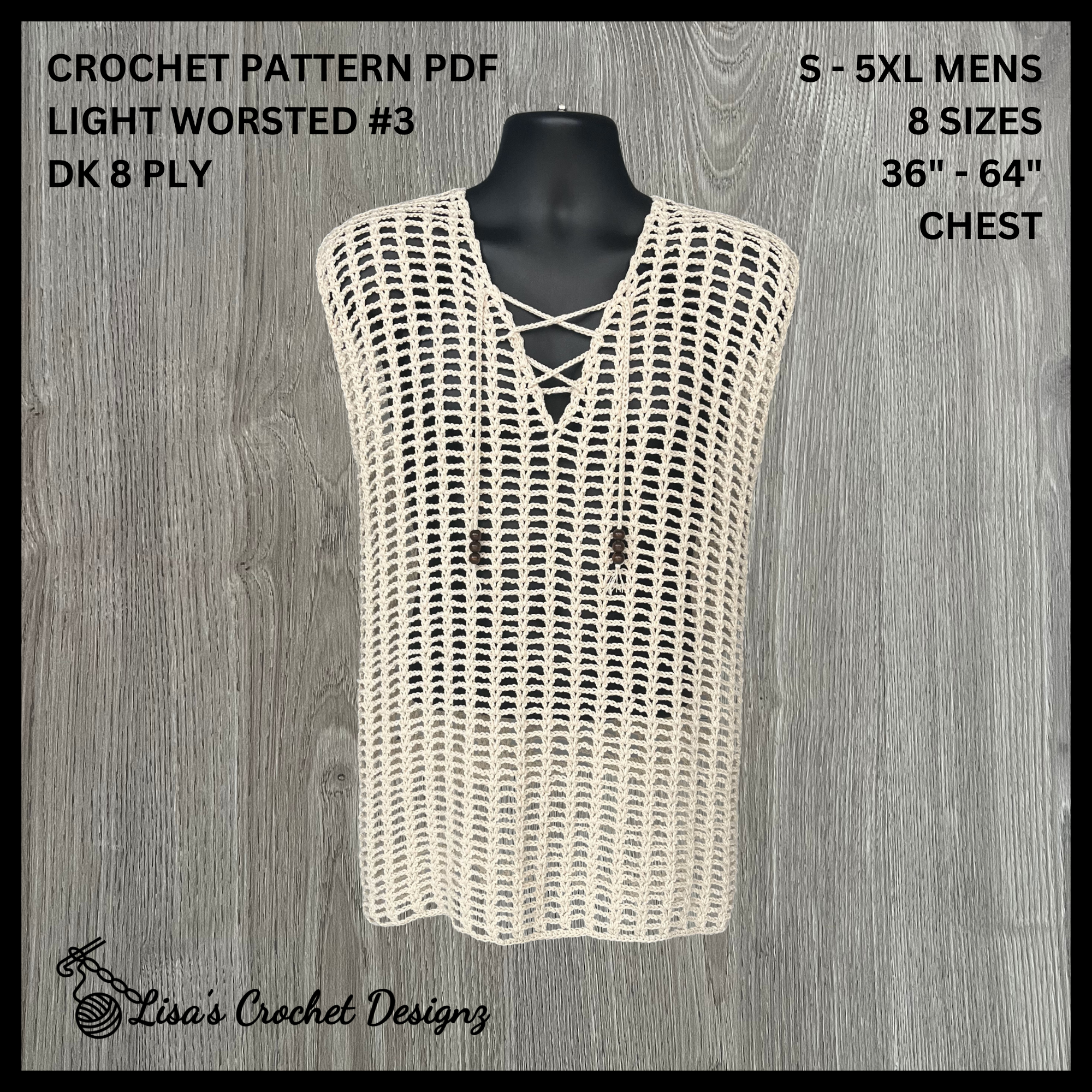 Cade Crochet Pattern Men's Mesh T-Shirt (S-5XL) – Digital PDF Pattern in English
