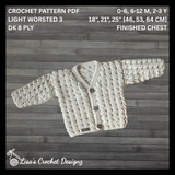 Cream Caleb cabled crochet cardigan flat lay on wood. Digital pattern PDF details, sizes 0 to 3 Years.
