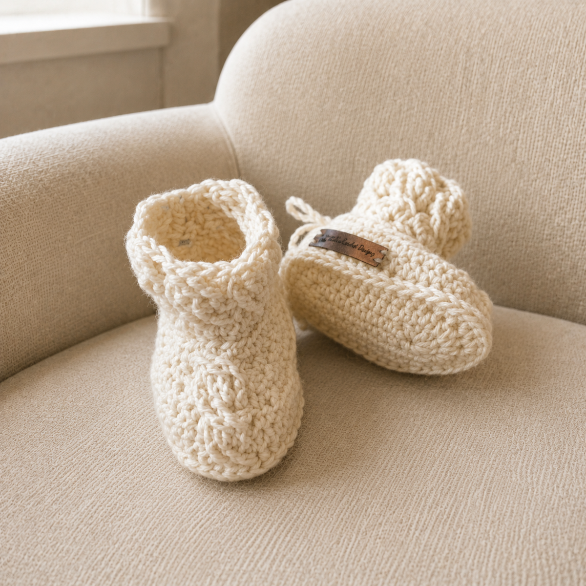 Cream Caleb cabled crochet baby booties on a cream chair, one standing and one lying down. Digital pattern PDF, Preemie–12M.