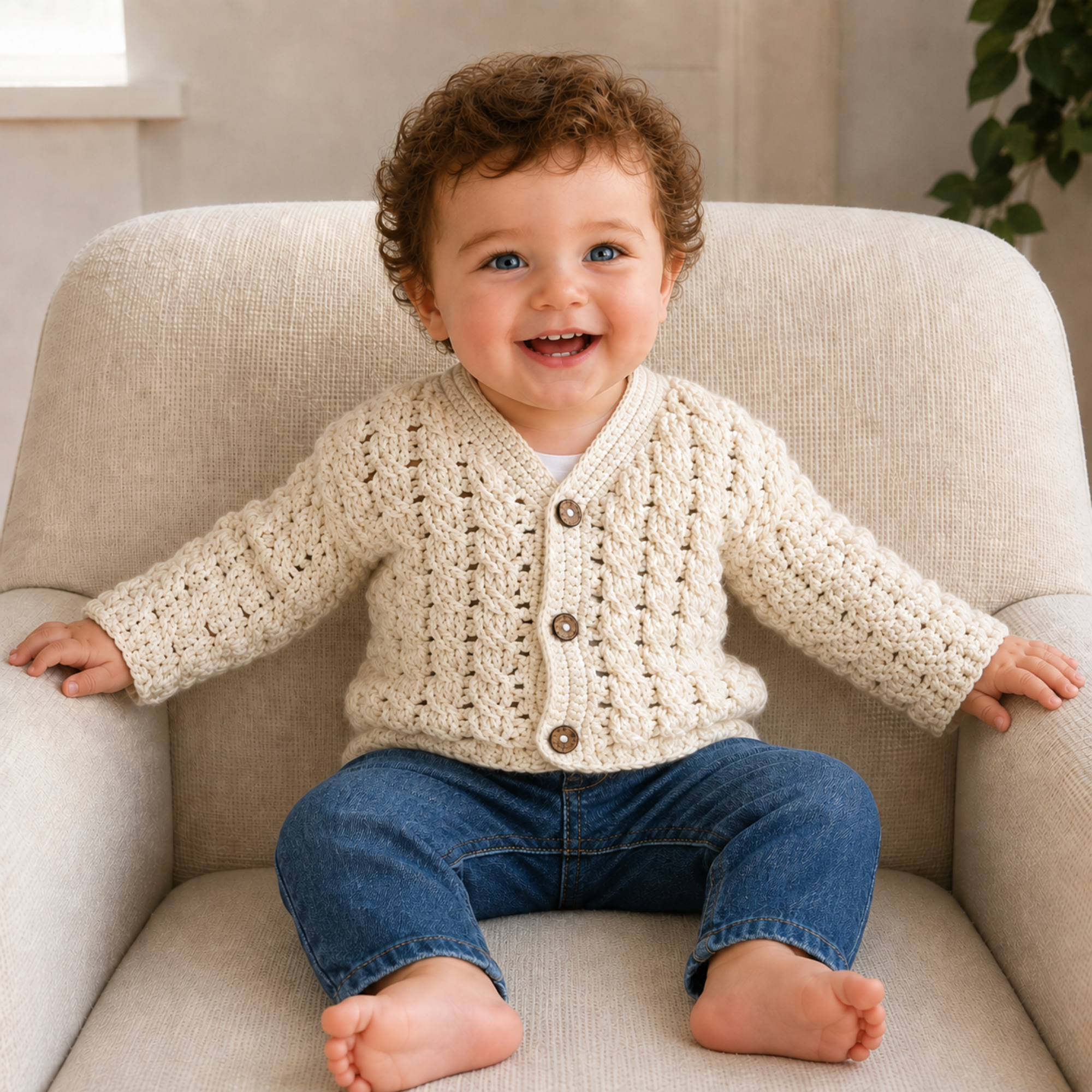 Baby in blue jeans wears a cream Caleb cabled crochet cardigan on a cream chair. Digital pattern PDF, sizes 0 to 3 Years.
