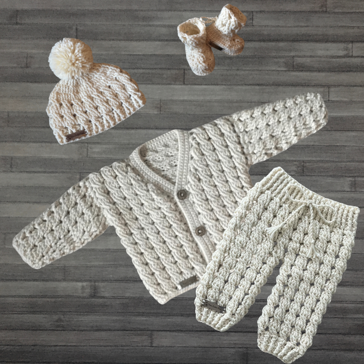 Caleb Crochet Pattern Collection – Cardigan, Hat, Baby Pants (0-2Y), Booties & Bib – PDF Pattern (English)