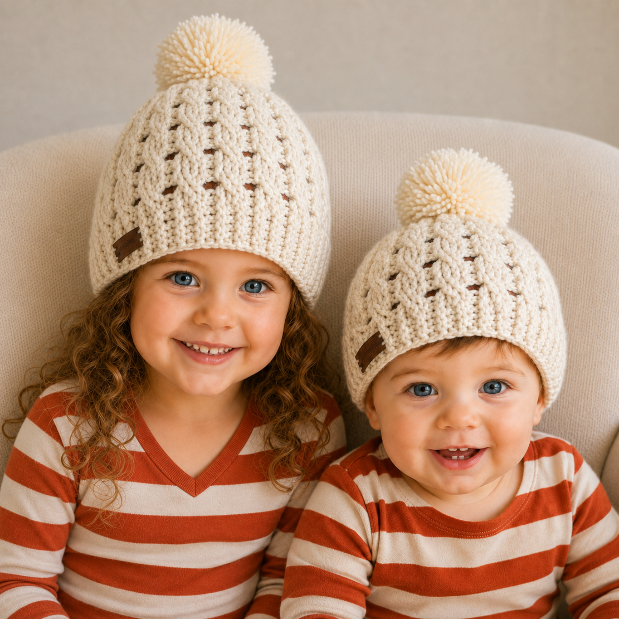 Older girl and baby on a cream chair wear cream Caleb cabled crochet beanies. Digital pattern PDF, sizes Preemie to 10 Years.