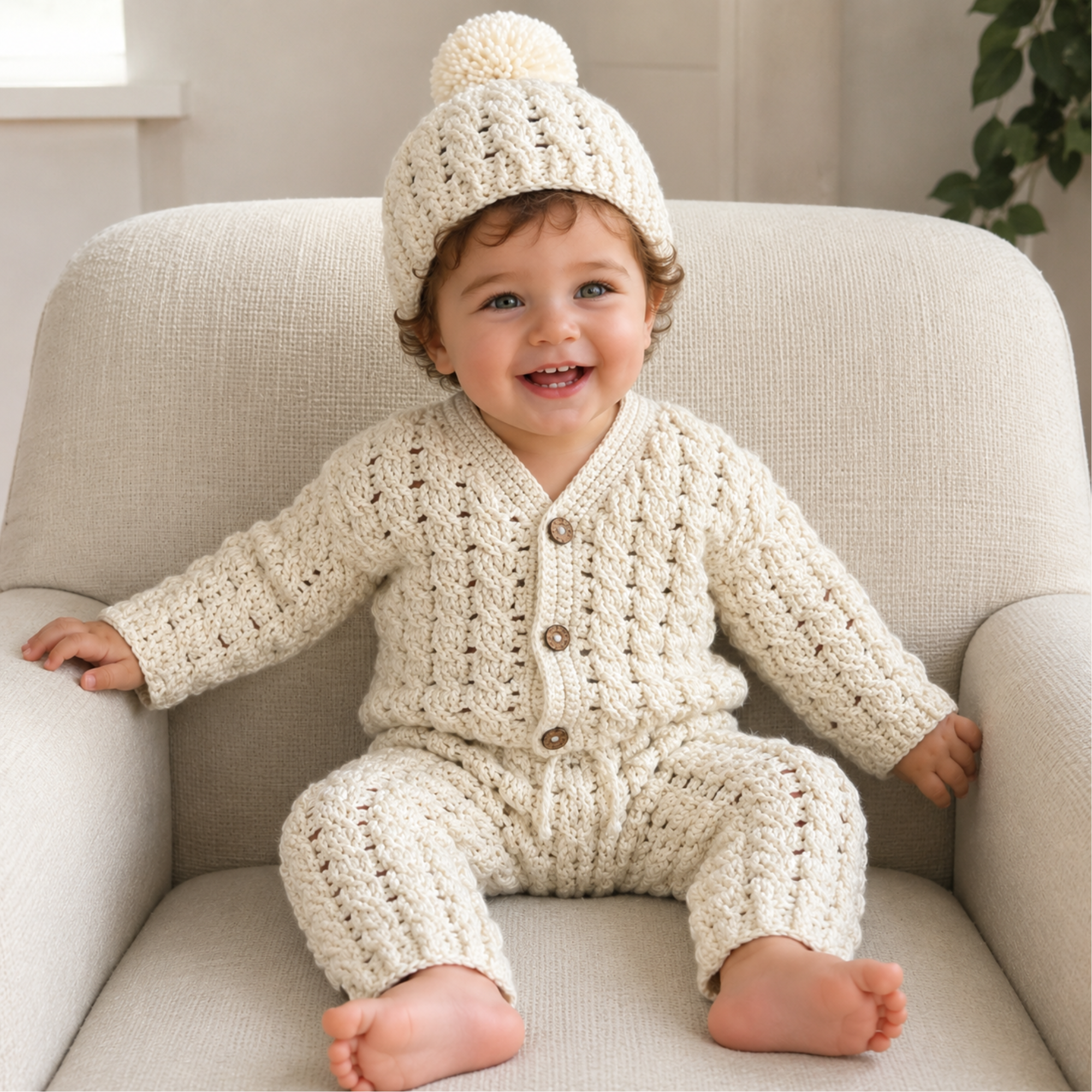 Baby on a cream chair wearing cream Caleb crochet cable-detail cardigan, pom-pom hat and pants. Digital pattern PDF set