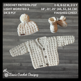 Cream Caleb crochet cardigan, hat and booties flat lay on wood, showing digital pattern PDF details, sizes 0 to 2 Years.